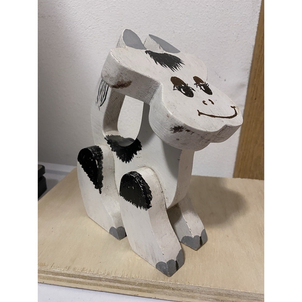 Vintage Handpainted Wooden Cow Decor Folk Art